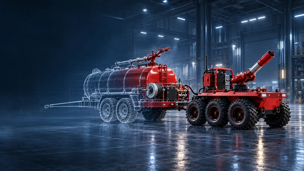Візуалізація FIREGUARD: функціональне обладнання на причіпній платформі у виробничому цеху.